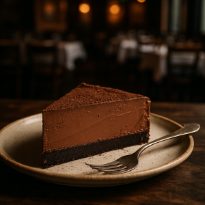 A slice of creamy no-bake chocolate cheesecake on a plate.