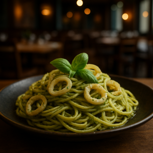 A delicious plate of pasta with pesto and calamari, garnished with fresh basil.