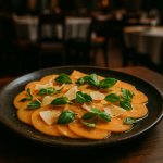 Thinly sliced melon carpaccio with Parmesan and fresh herbs.