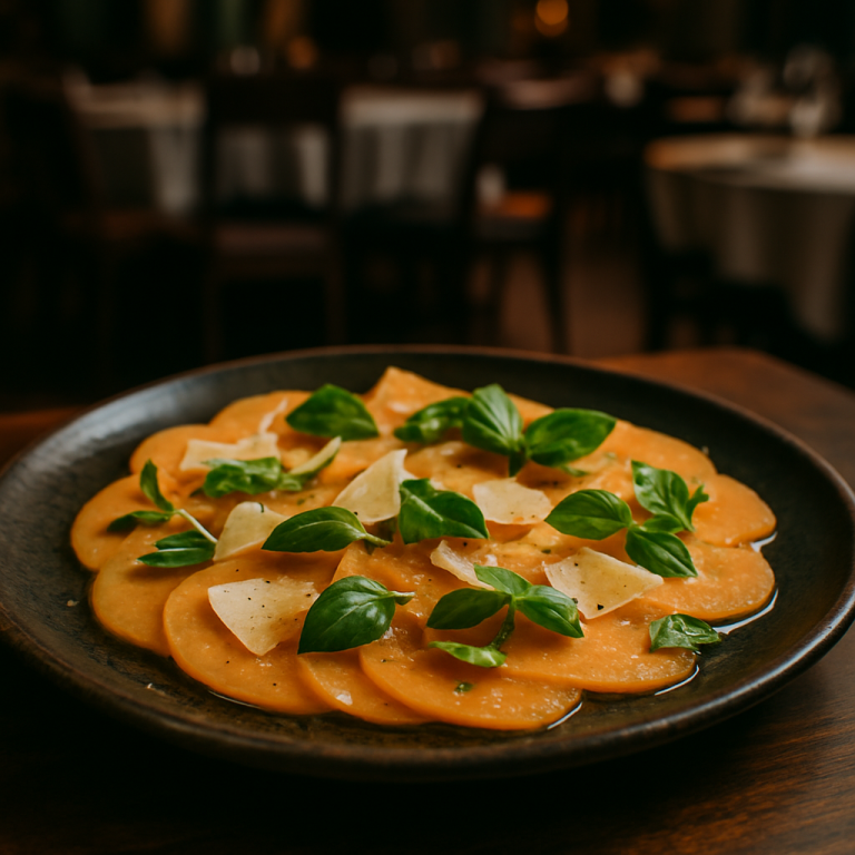 Thinly sliced melon carpaccio with Parmesan and fresh herbs.