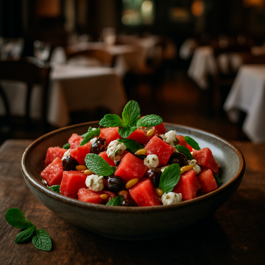 A vibrant bowl of watermelon and feta salad garnished with mint.