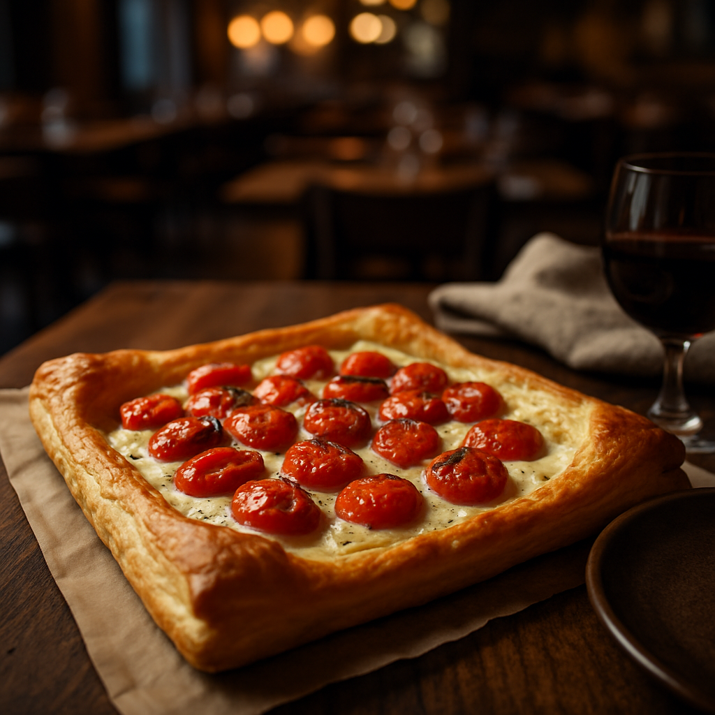 Savory tart with cherry tomatoes and creamy stracchino cheese.