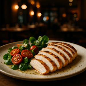 Sliced chicken breast with cherry tomatoes and lamb's lettuce.