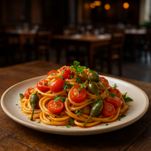 A plate of spaghetti with cherry tomatoes, caper berries, and fresh herbs.