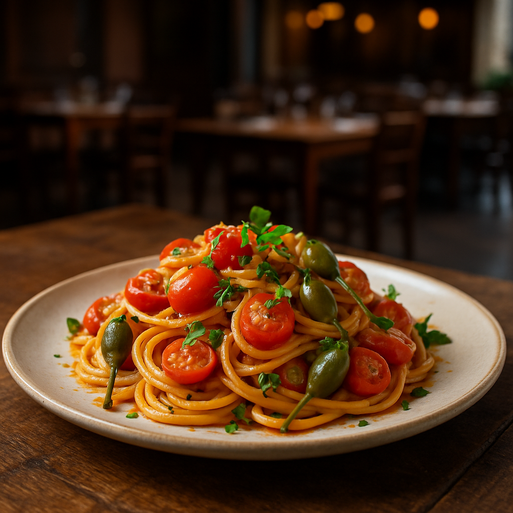 A plate of spaghetti with cherry tomatoes, caper berries, and fresh herbs.