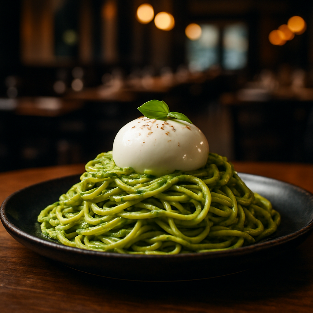 A plate of Tajarin pasta with basil pesto and burrata cheese.