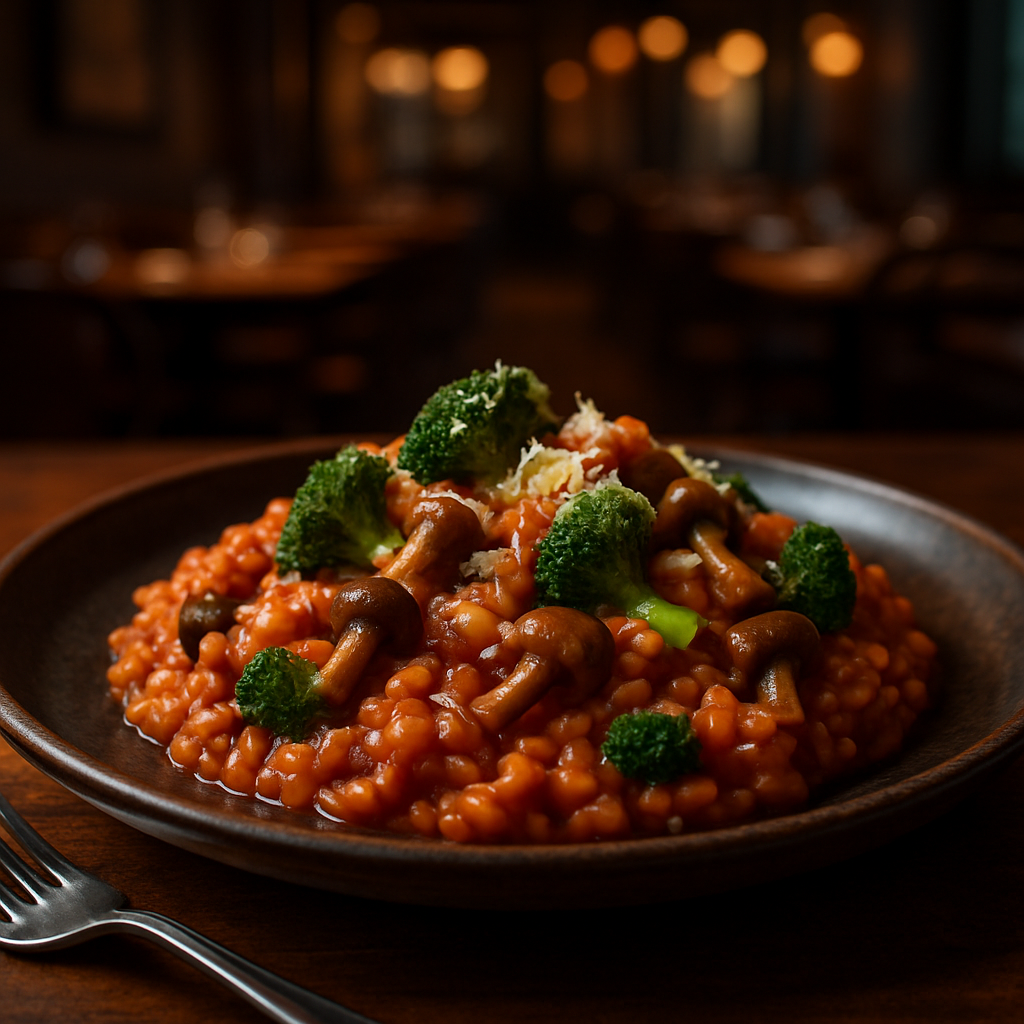 Tomato Risotto with Broccoli and Mushrooms garnished with Parmesan.