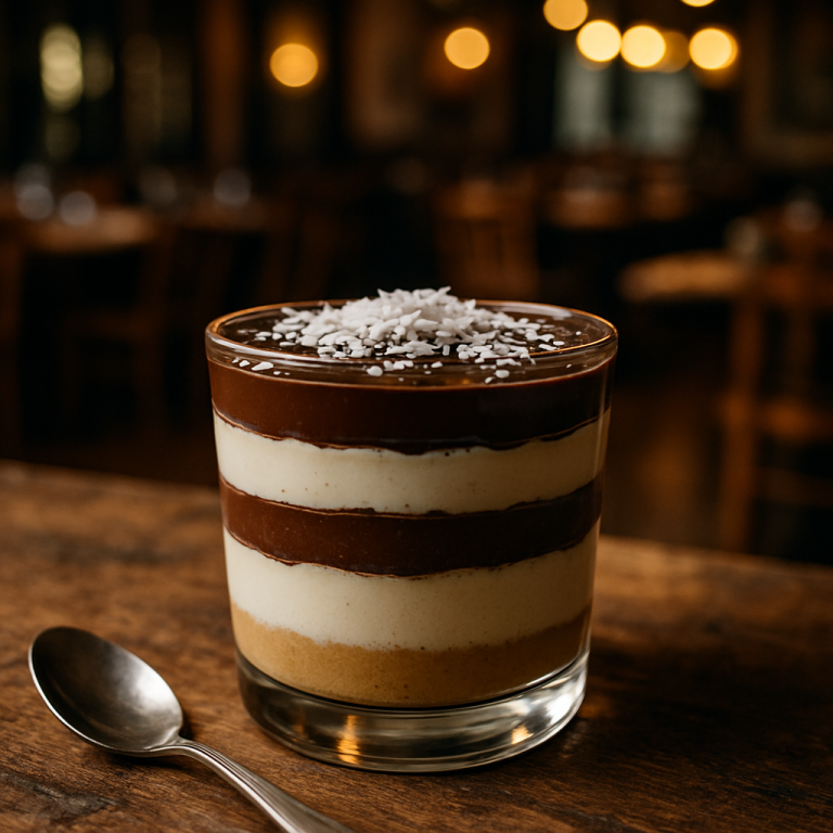 Layered vanilla, coconut, and chocolate dessert in a glass.