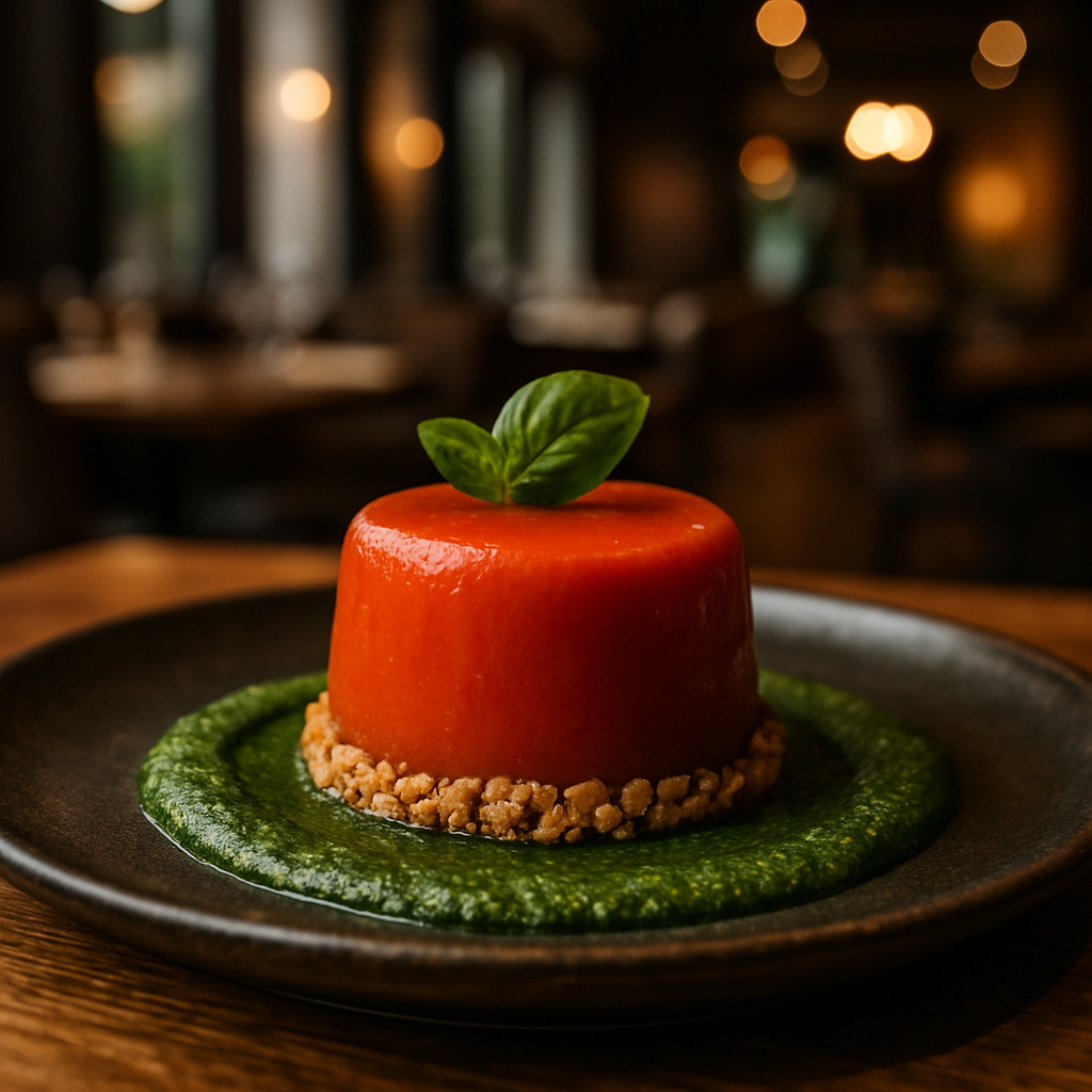A beautifully plated vegan datterino bavarian cream with basil pesto and peanut base.
