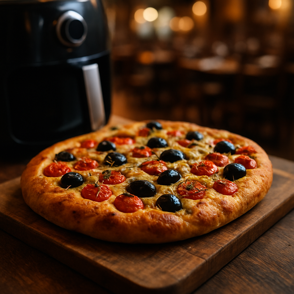 Air fryer focaccia with cherry tomatoes and olives on a wooden board.