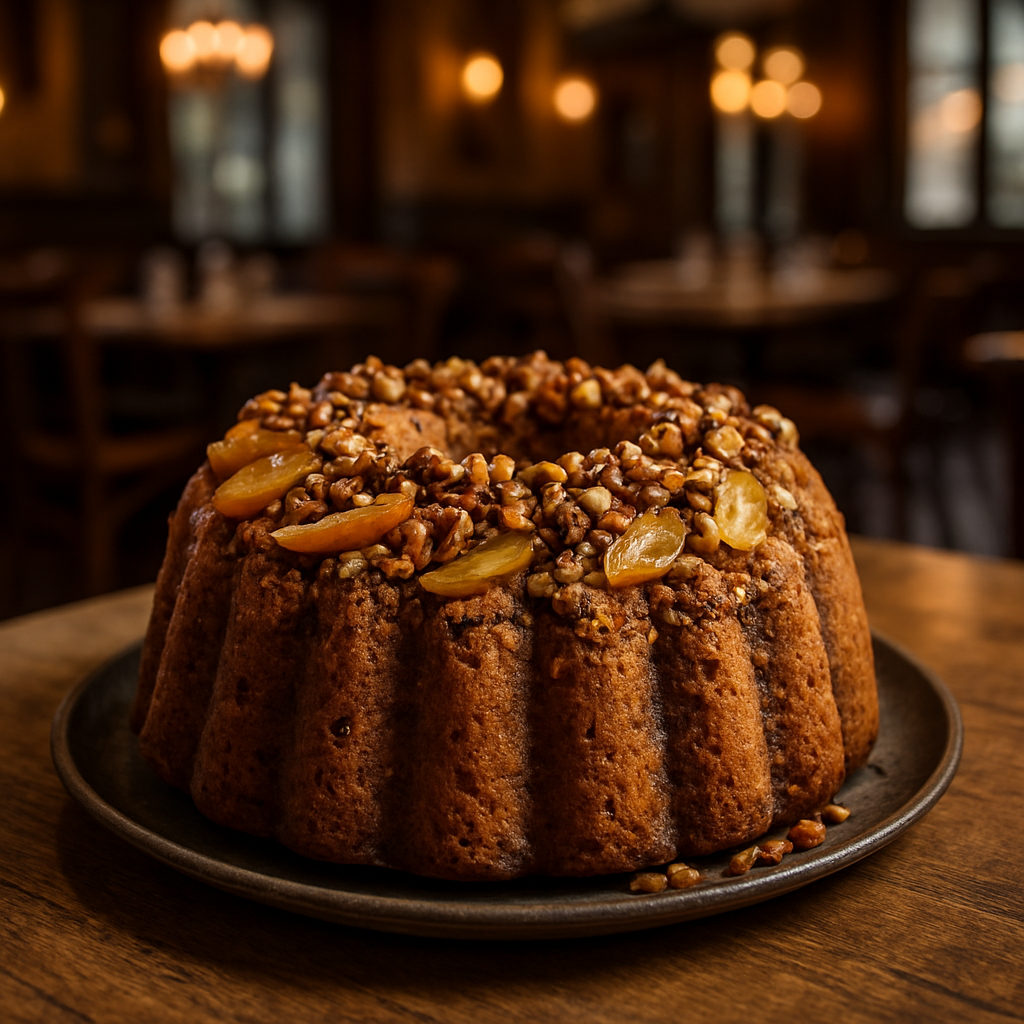 Apple, Pumpkin, and Nut Bundt Cake with a crunchy topping.