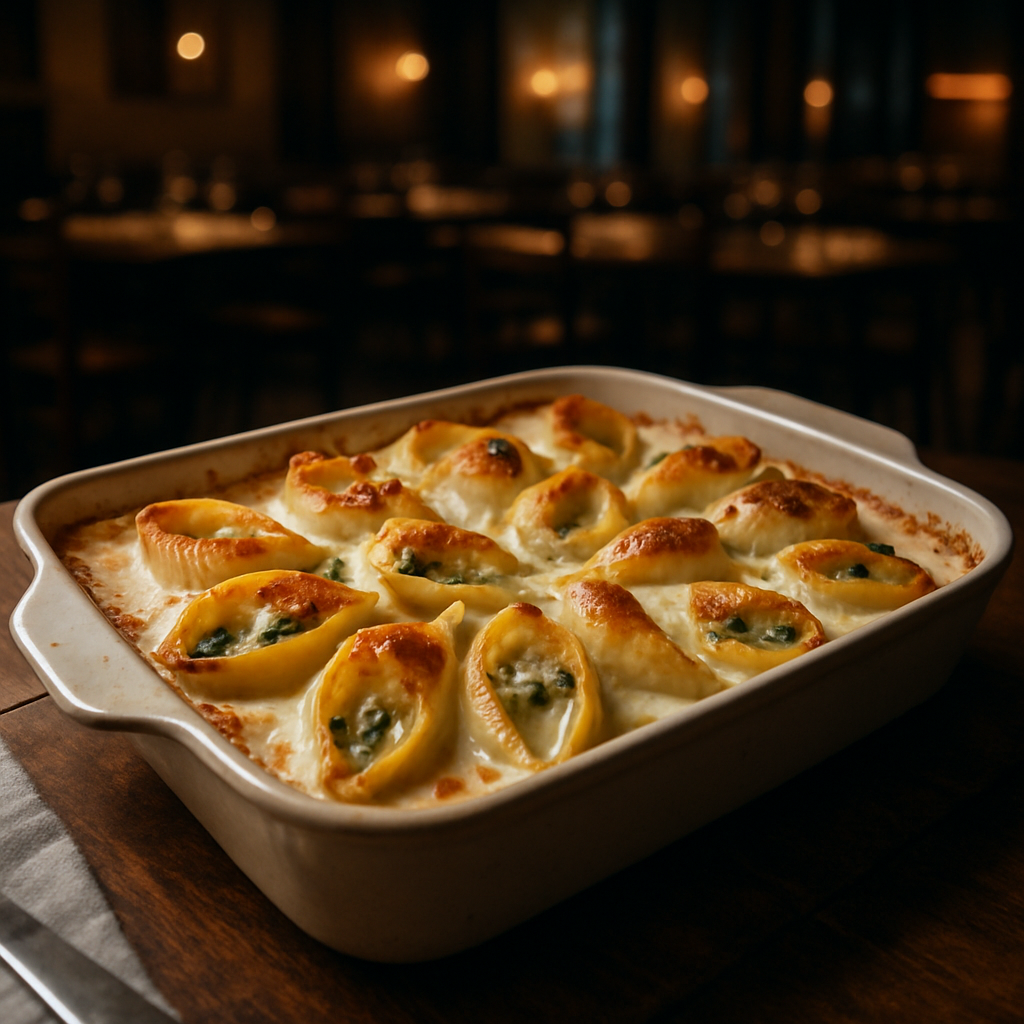 Baked conchiglioni stuffed with ricotta, Swiss chard, and béchamel sauce.