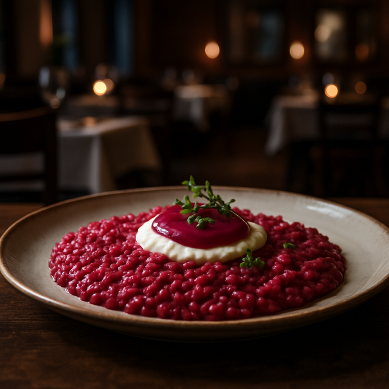 A vibrant plate of Beetroot and Robiola Risotto garnished with herbs.