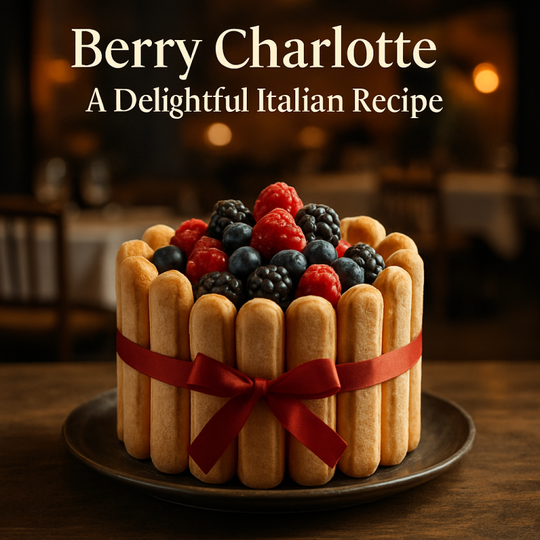 A beautifully decorated Berry Charlotte dessert with fresh berries and ladyfingers.