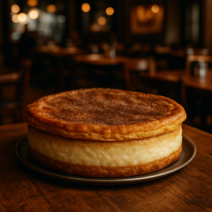Churros cheesecake with a golden crust and creamy filling.