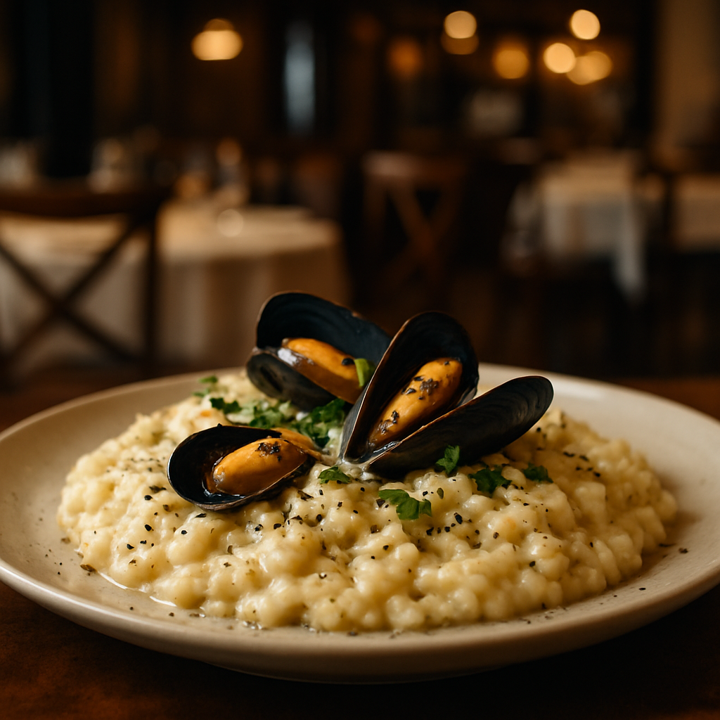 A plate of creamy risotto with cheese, pepper, and mussels garnished with fresh herbs.