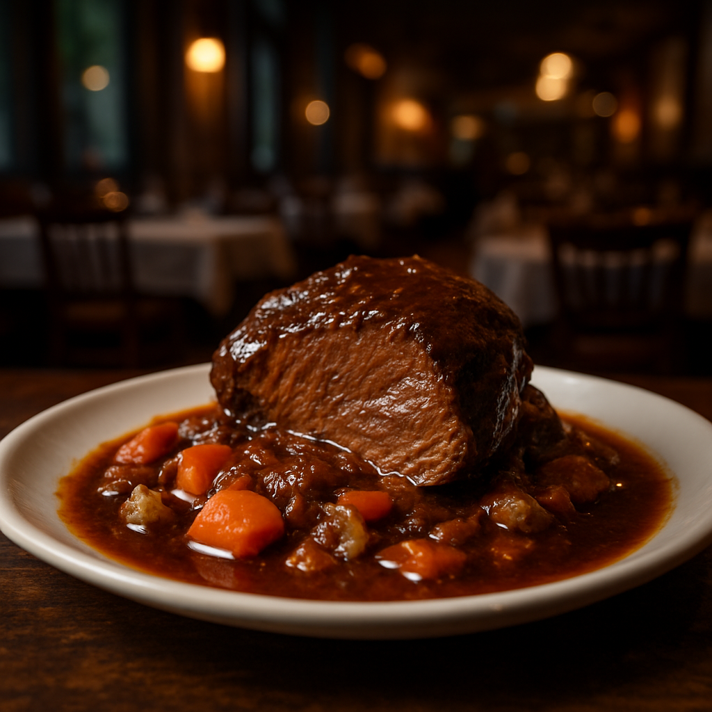 Image of a delicious beef braise without wine, highlighting Italian culinary tradition.