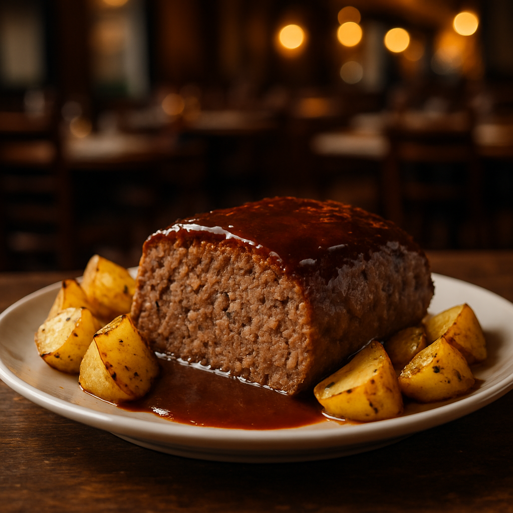 A slice of Italian beef meatloaf served with roasted potatoes.