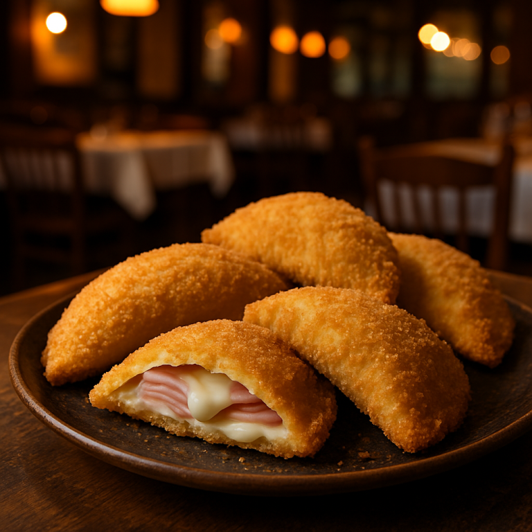 Golden, crispy mezzelune filled with ham and cheese.