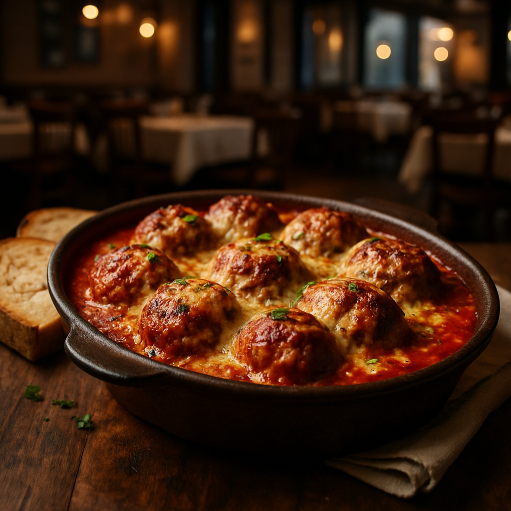 Polpette al Sugo Gratinate, Italian meatballs in tomato sauce.
