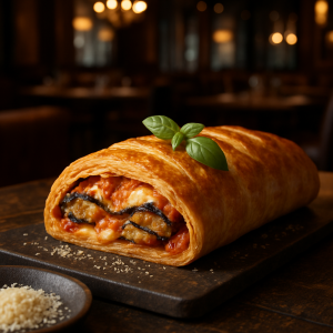 Golden Strudel alla Parmigiana with eggplant and cheese filling.