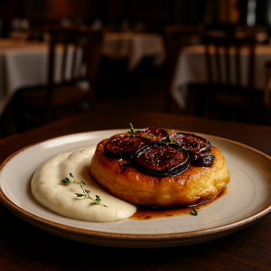 Figs Tatin with Parmigiano Cream, a savory Italian dish.