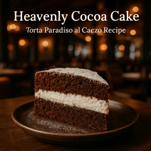 A slice of Torta Paradiso al Cacao with whipped cream filling.