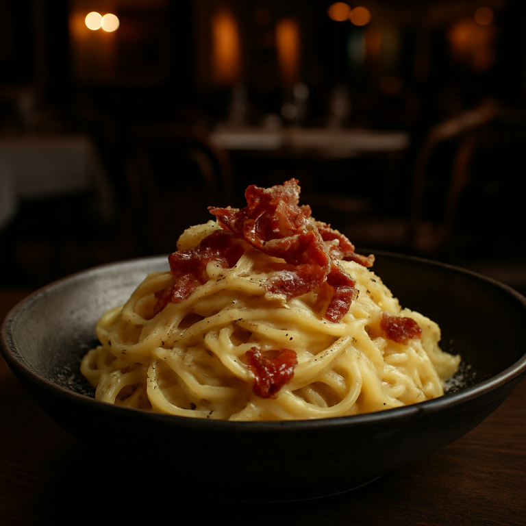 A bowl of creamy pasta with Parmesan cream and crispy speck.
