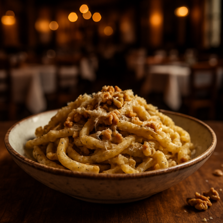 A delicious bowl of pasta with walnut and honey pesto sauce.
