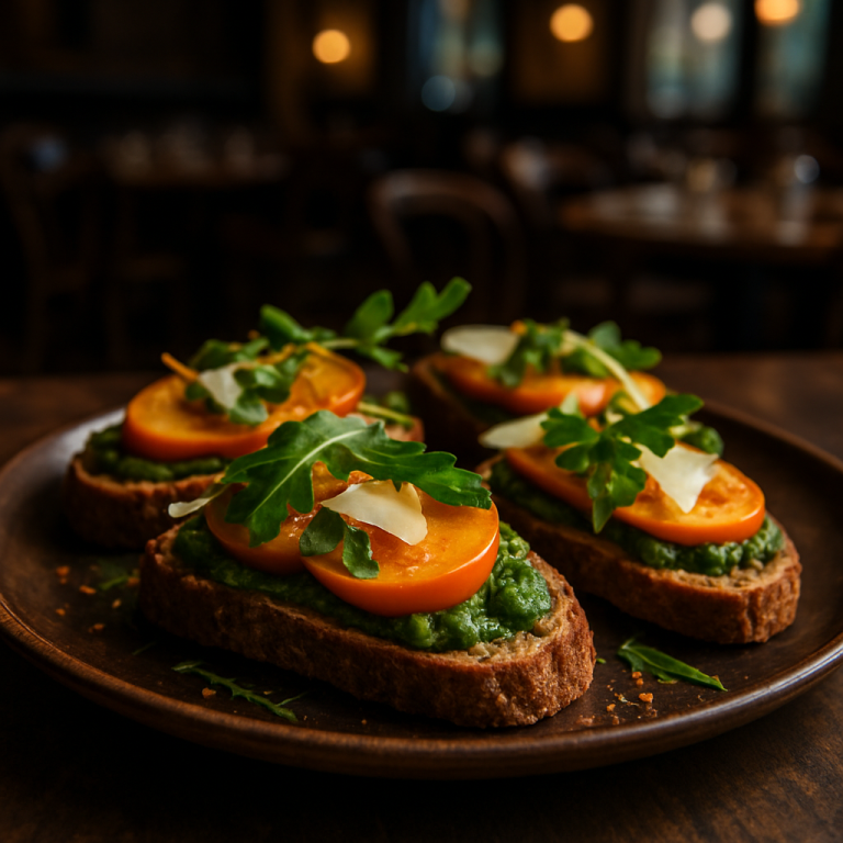 Colorful persimmon bruschetta topped with arugula pesto and Parmesan.