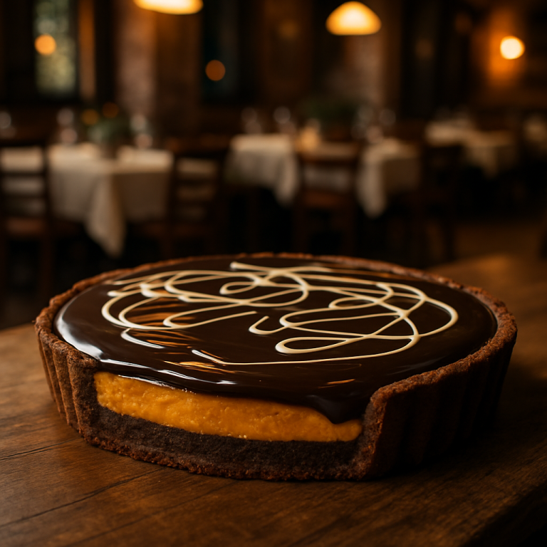 A delicious Pumpkin and Chocolate Tart with a rich chocolate glaze.