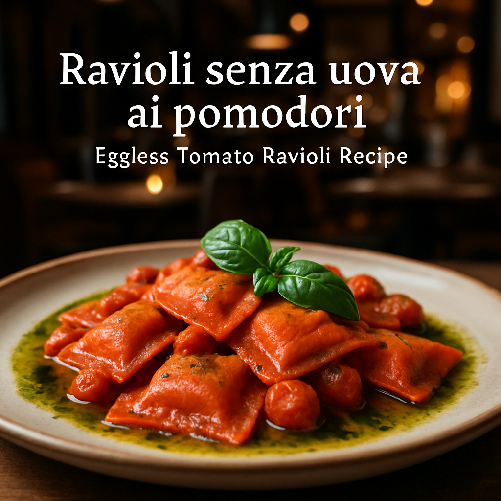 A plate of colorful eggless tomato ravioli with basil oil.