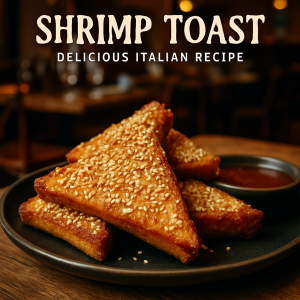 Golden shrimp toast topped with sesame seeds.