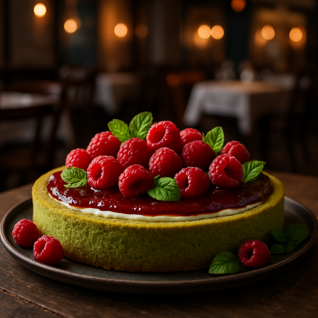 Soft pistachio and raspberry tart with fresh berries and mint leaves.