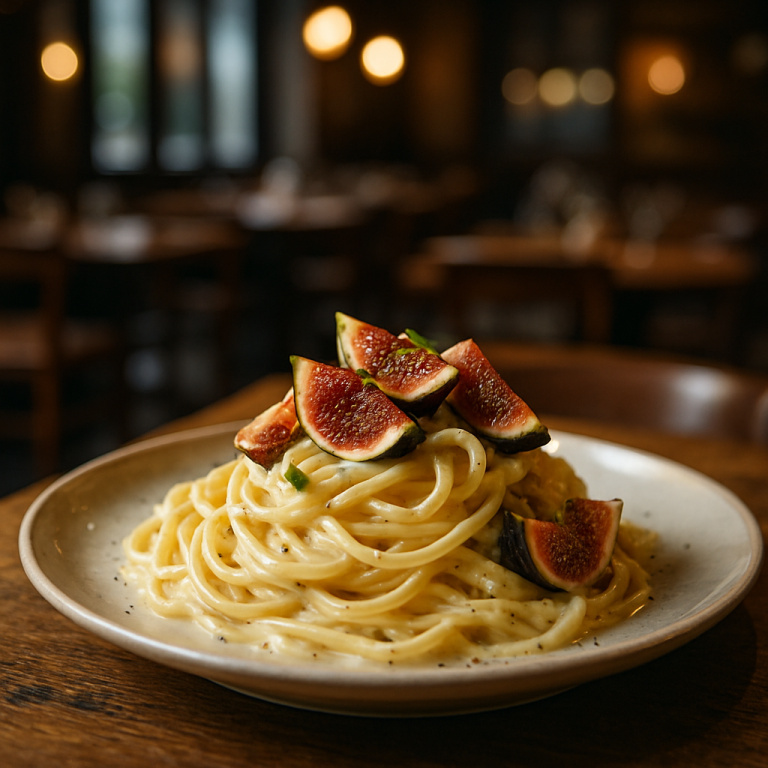 Plate of Spaghetti ai 4 Formaggi e Fichi garnished with fresh figs.