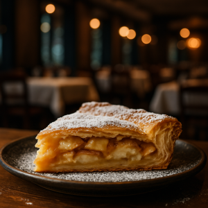 A slice of Italian puff pastry cake with apples and ricotta.
