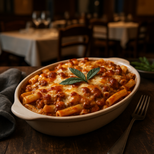 Baked ziti with sausage and leek ragù topped with melted cheese.