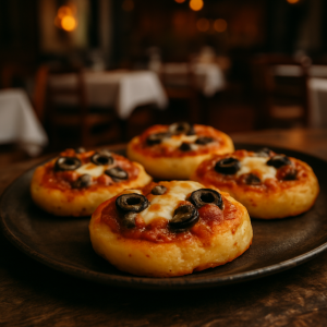 Delicious boiled potato mini pizzas with Mediterranean toppings.