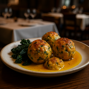 Canederli with black kale and saffron served elegantly on a plate.