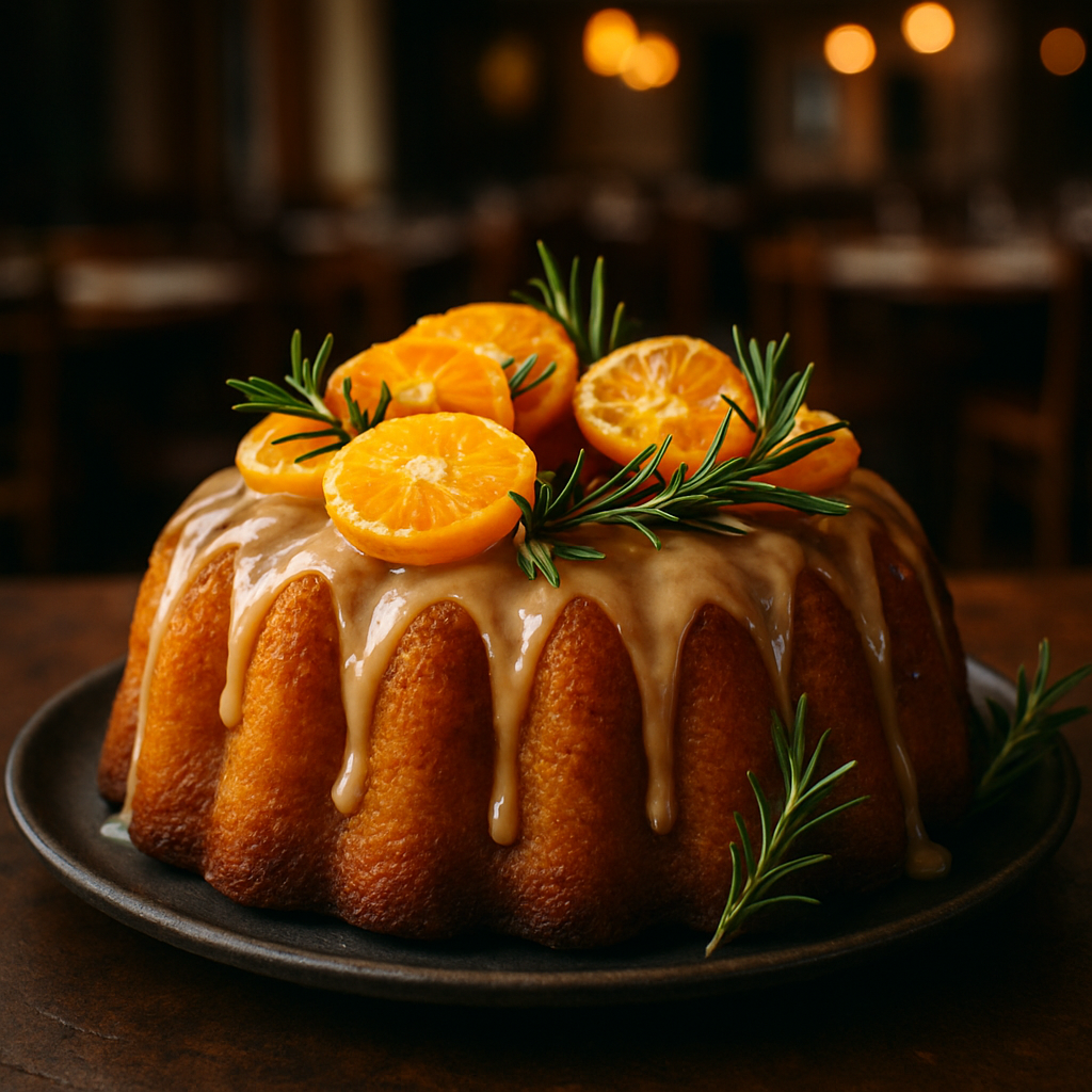 A beautifully glazed Citrus and Ginger Bundt Cake topped with mandarin slices and rosemary.