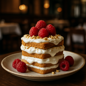 A layered dessert of rusks, yogurt, and raspberries on a plate.