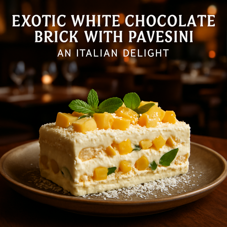 Exotic white chocolate dessert with Pavesini, mango, and pineapple.