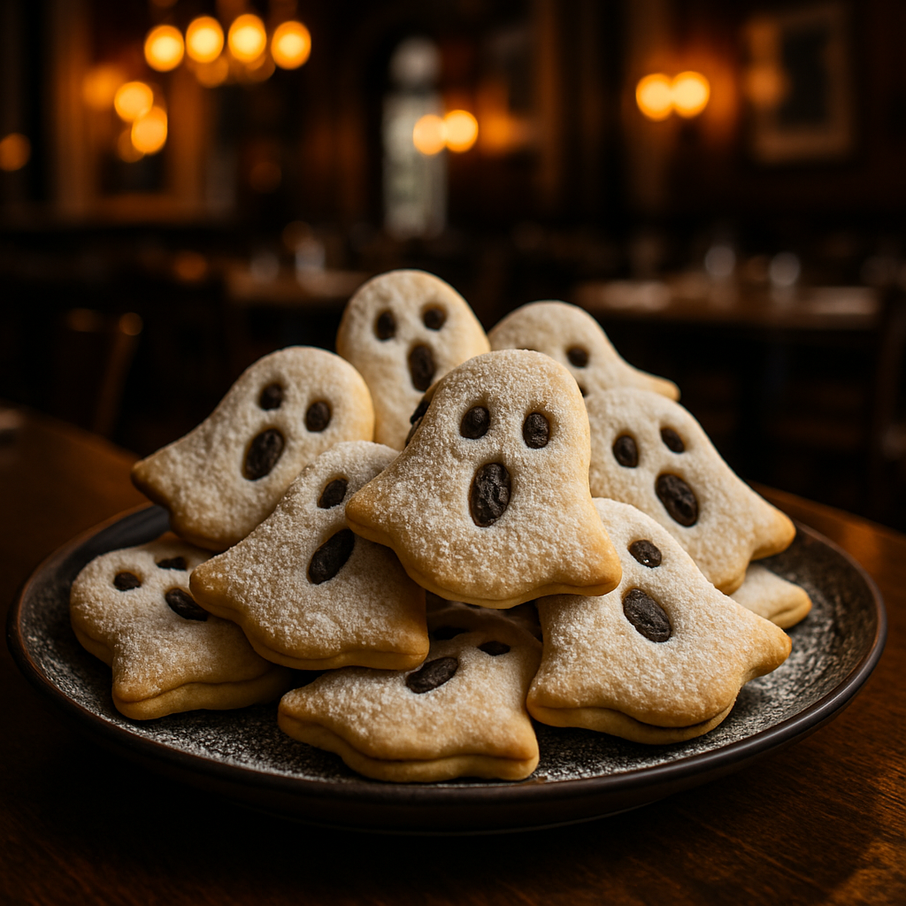 Fantasmini Biscotto Italian Halloween cookies on a plate.