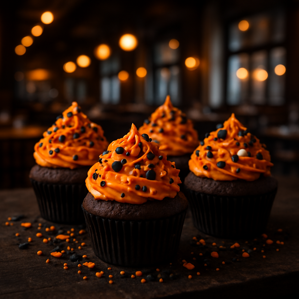 Halloween cupcakes decorated with orange frosting and Halloween-themed sprinkles.