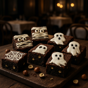 Halloween-themed Italian brownies decorated as mummies and ghosts.