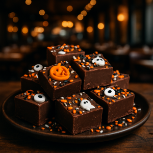 Halloween chocolate fudge squares with spooky decorations.