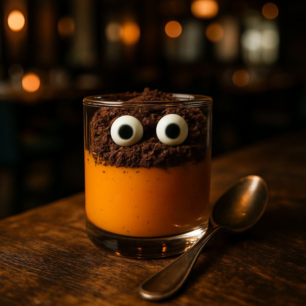 Halloween-themed Italian dessert with pumpkin cream and chocolate crumble.