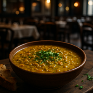 Bowl of Italian lentil soup with turmeric and ginger garnished with fresh herbs.