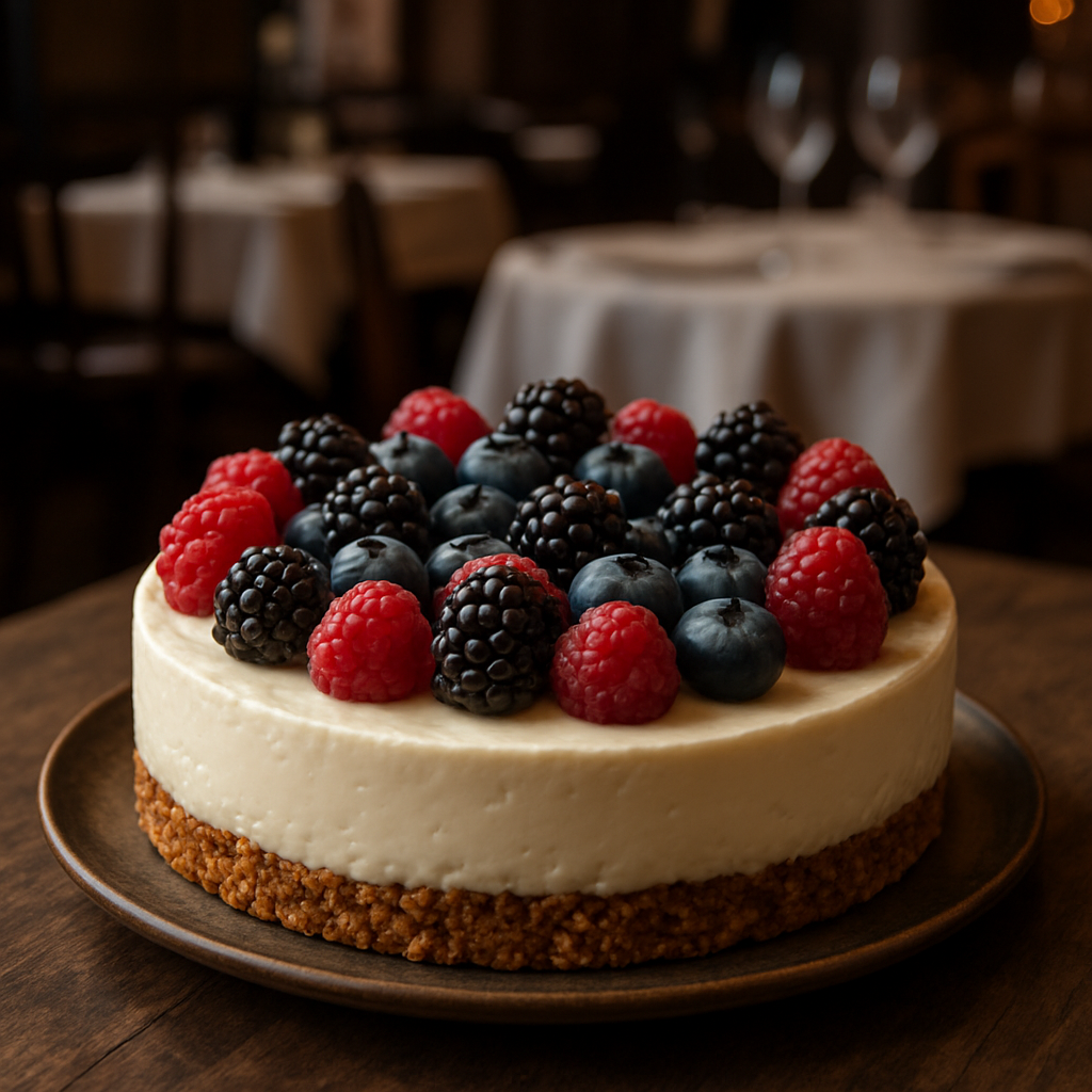 Light cheesecake topped with fresh berries and a nutty crust.