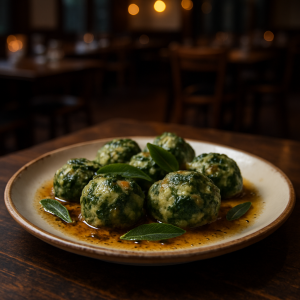 Malfatti al Cavolo Nero served with sage butter.